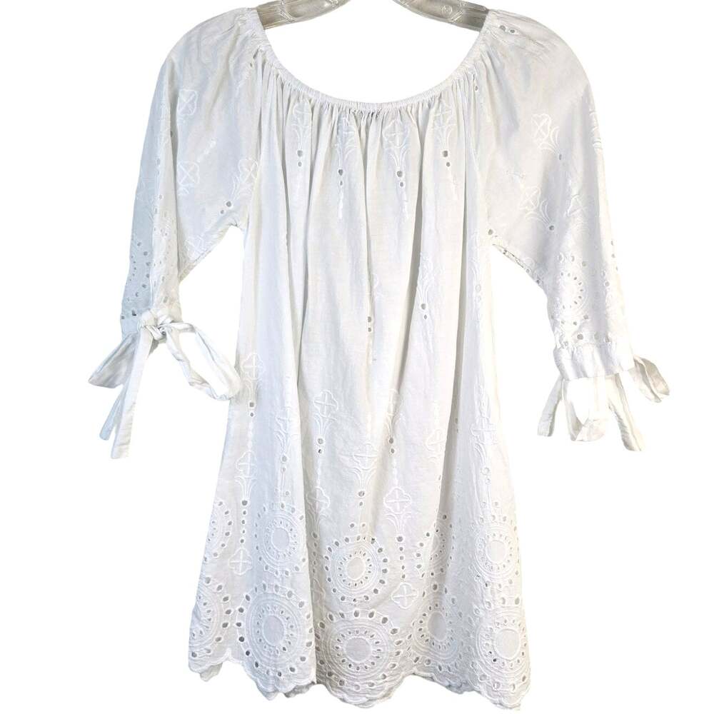Valentina Naldi Tunic Blouse Women's S White Eyelet Tie Sleeve Romantic Coastal